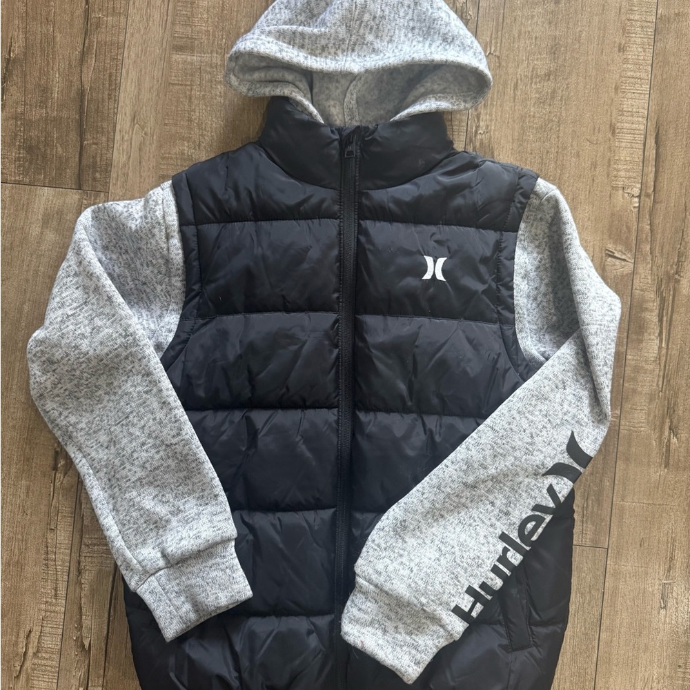 Hurley Boy's Puffer Jacket Size L Hooded Black Gray 2fer Full Zip Quilted Fall